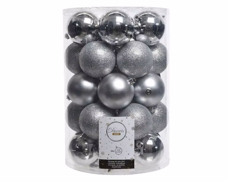 Set van 34 onbreekbare ronde kerstballen in zilver, plastic, 8 cm