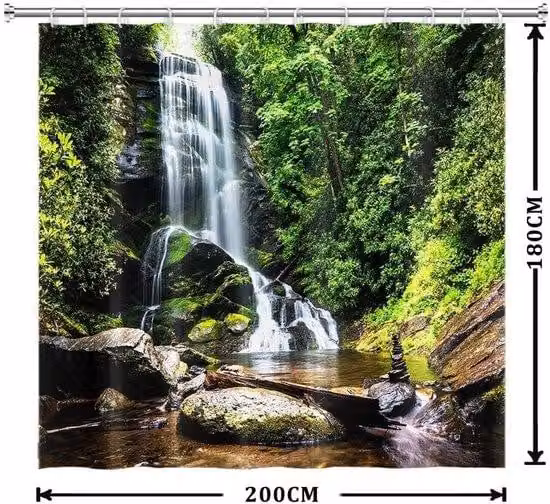 Waterdicht polyester douchegordijn Waterval met natuurprint in groen, B: 200 cm, H: 180 cm