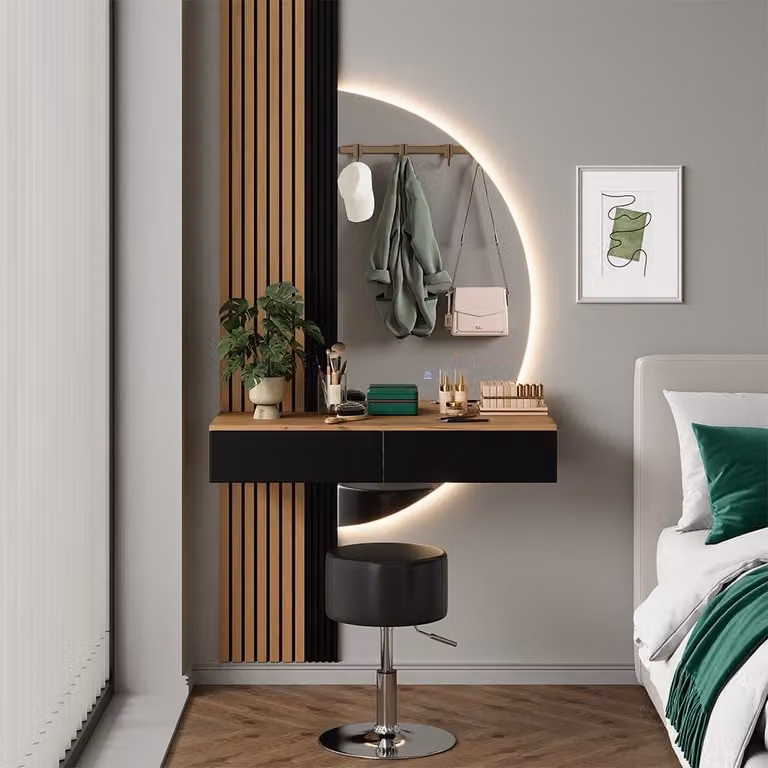 Vicco Melina Kaptafelset met kruk en LED-spiegel, Eiken/Zwart, Breedte: 100 cm