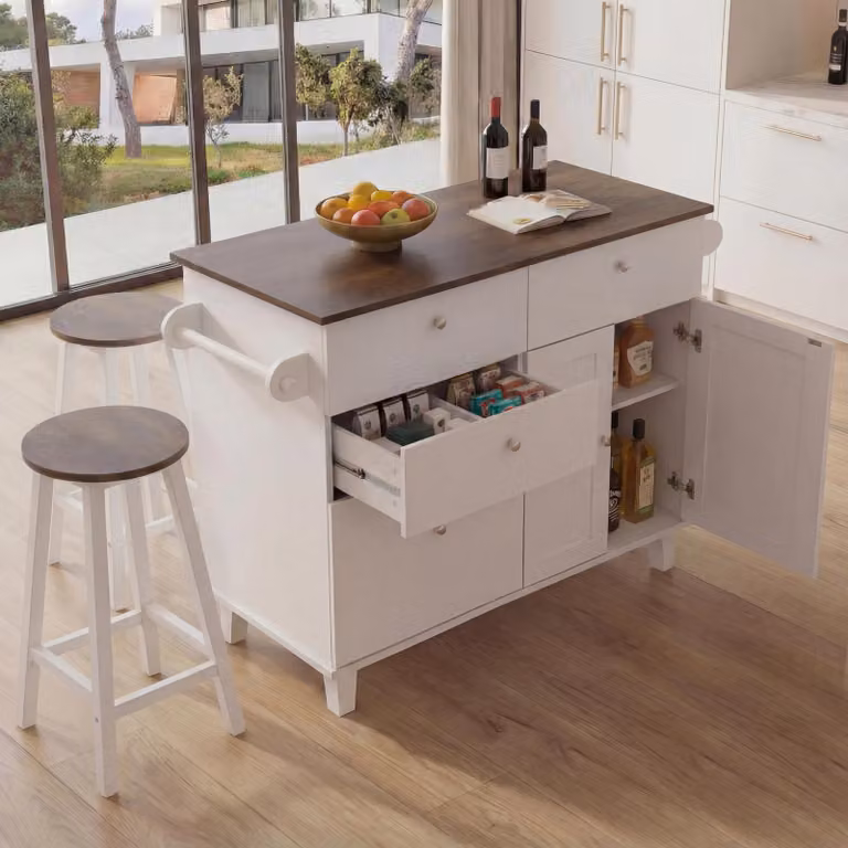 Mendler Keukeneiland HWC-P62 met 2 zitbankjes, wit en donker hout, B/D/H: 131 x 90 x 47 cm
