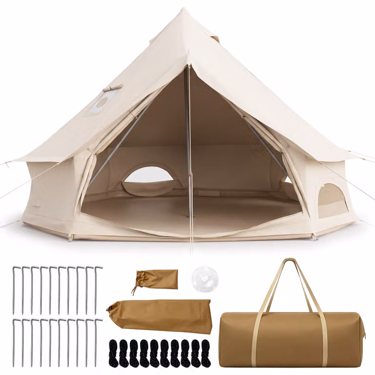 Costway Bell Tent met Ovenopening voor 2-4 Personen, Waterdichte Yurt voor 4 Seizoenen met Netvensters en Deuren, 310 cm