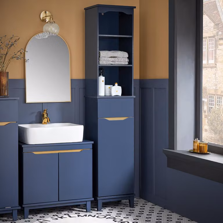 SoBuy Hoge badkamerkast met deuren en 2 open planken, blauw, model BZR112-B