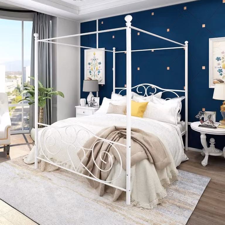 SnelShoppen Canopy Bed Frame Platform - Metalen Hemelbed met Hartdecoratie en Stevige Slats - B/D: 120 x 200 cm