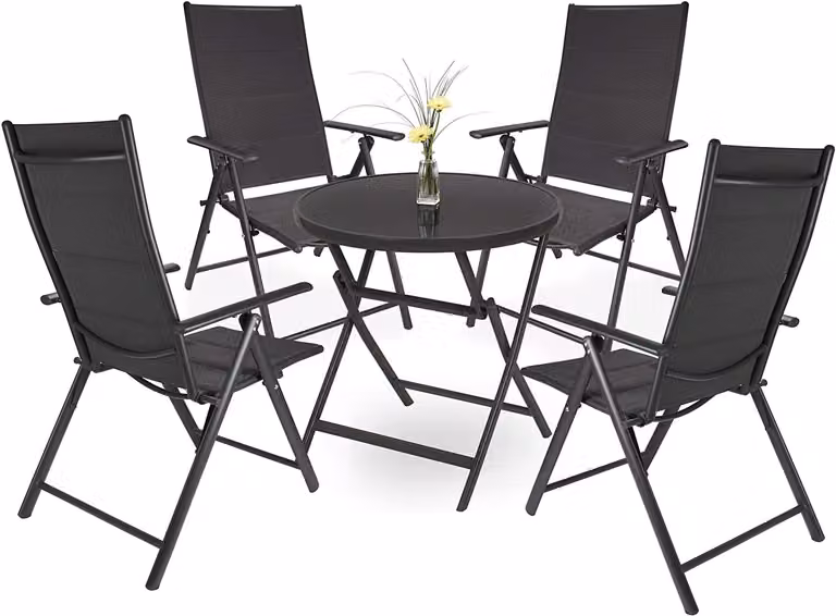 Brubaker Riva tuinset met ronde inklapbare glazen tafel en 4 stoelen met hoge rugleuning, antraciet, Diameter tafel: 70 cm