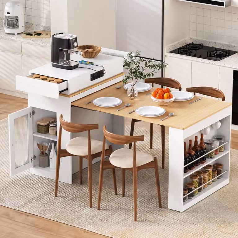 Wishdor Keukeneiland met uitschuifbare tafel en stopcontacten, Scandinavisch design, Wit, B: 83 cm, D: 46-146,5 cm, H: 96 cm
