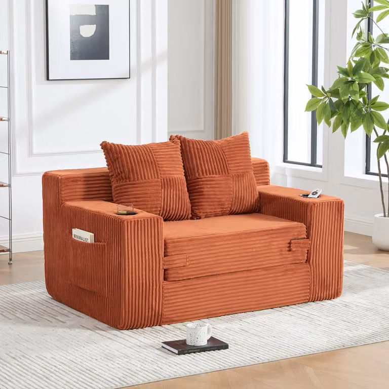 Oranje Corduroy Slaapbank met Chaise Longue, Slaapfunctie en Opbergruimte