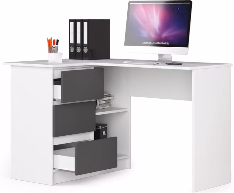 Merkloos Hoekbureau met lades en uitklapruimte, B/D/H: 124 x 77 x 48.5 cm