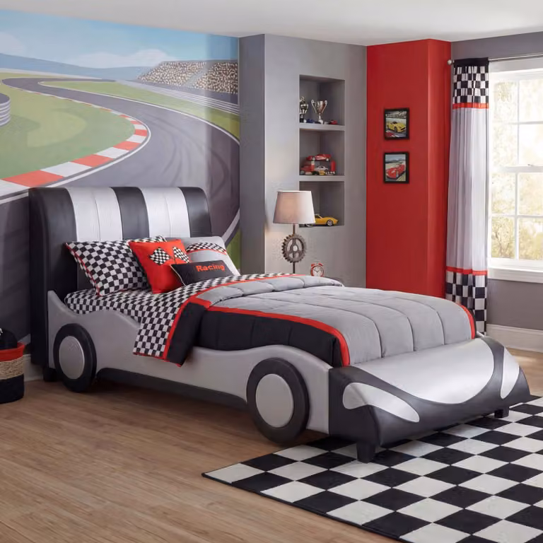 Mendler Kinderbed en Tienerbed HWC-E14 met Lattenbodem, Kunstleer en Hout, Zwart-Zilver, B/D/H: 190 x 100 cm