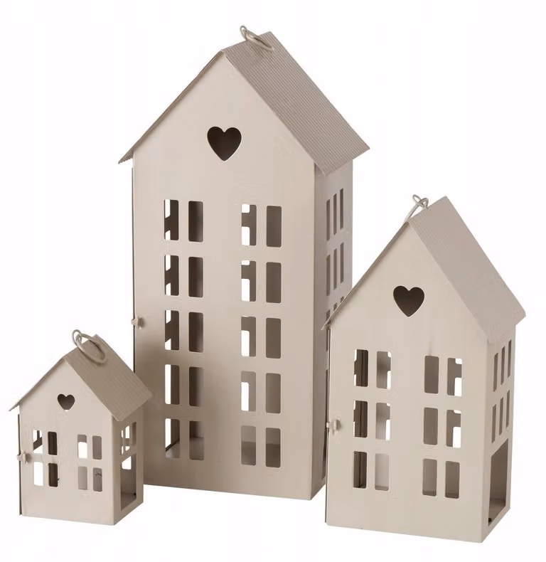Boltze decoratieve huisjeslantaarns Alamo set van 3 beige metaal