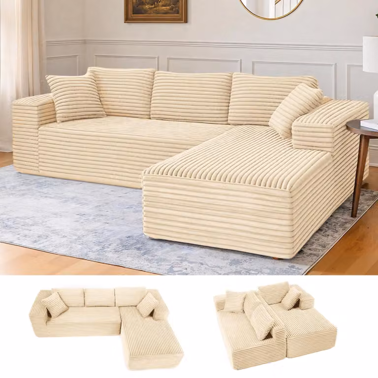 COMHOMA L-vormige hoekbank met chaise longue en slaapfunctie, beige corduroy stof