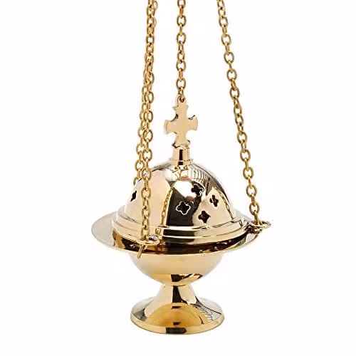 NKlaus Wierookbrander met Kruisketting in Messing Goud, 37 cm