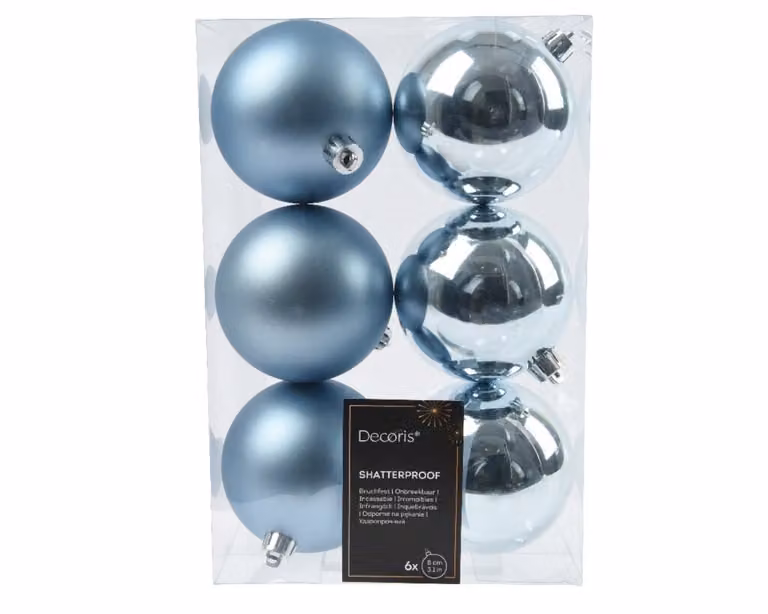 Set van 6 onbreekbare kerstballen in de kleur blue ice, diameter: 8 cm