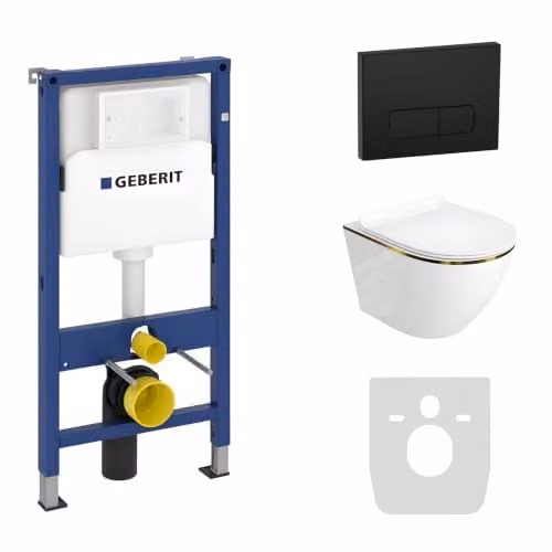 LAVITA complete toiletset Sofi Slim Gold Line met voorwandelement, wand-diepspoelbak en Delta 25 bedieningspaneel met zwarte knop