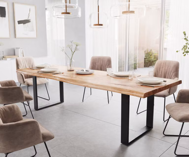 DELIFE Eettafel Edge Live-Edge Acacia Hout met Sled Base, Zwart/Bruin, B: 280 cm, D: 100 cm, H: 76,5 cm