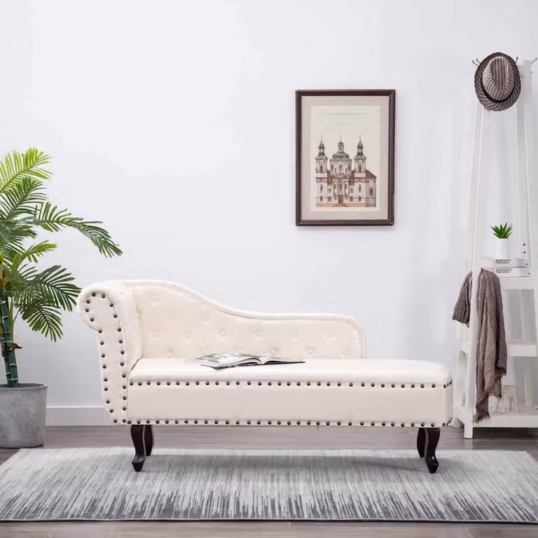 Chesterfield Chaiselongue ligbank in crèmewit kunstleer met L-vormig ontwerp