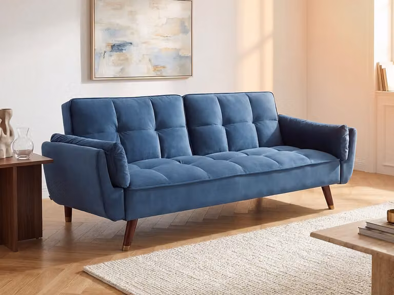 GULCAN Driezitsslaapbank in blauw velours met verstelbare rugleuning