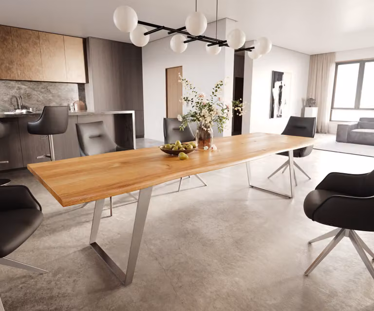 DELIFE Eettafel Edge Live-Edge Eikenhout met RVS Sled Base, Bruin/Zilver, B: 300 cm, D: 100 cm, H: 75 cm