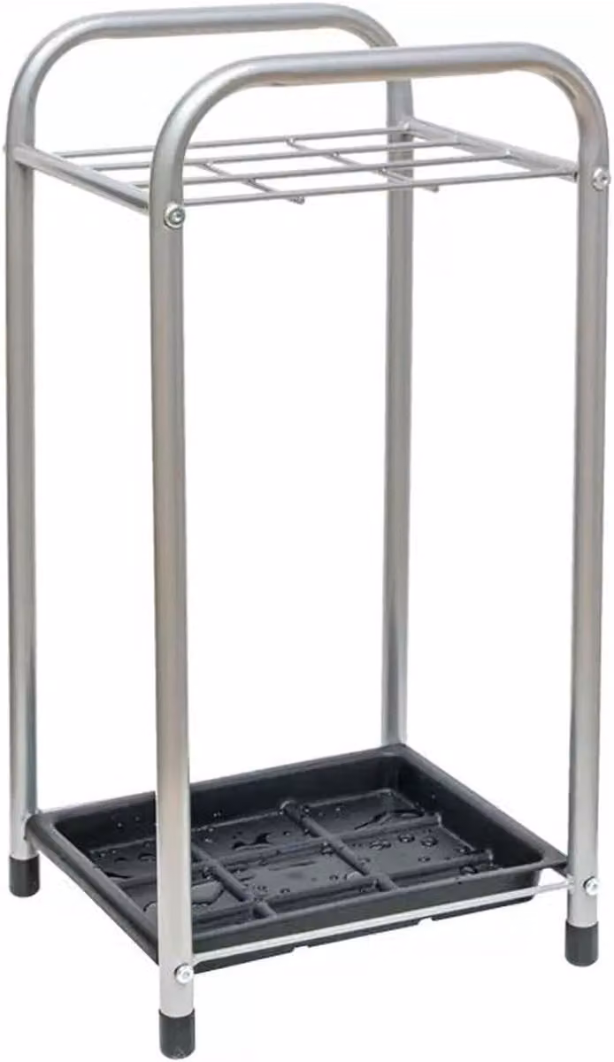 Zwarte metalen paraplubak met verwijderbare lekbak - H: 58 cm, B: 29,5 cm, D: 26 cm