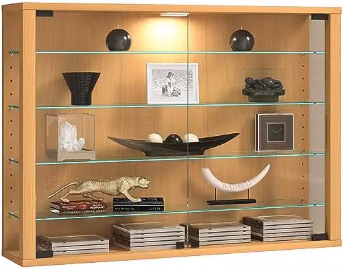 VCM Vitrosa Wandvitrine met glazen deuren en houtlook, Bruin, H 60 x B 83 x D 18 cm