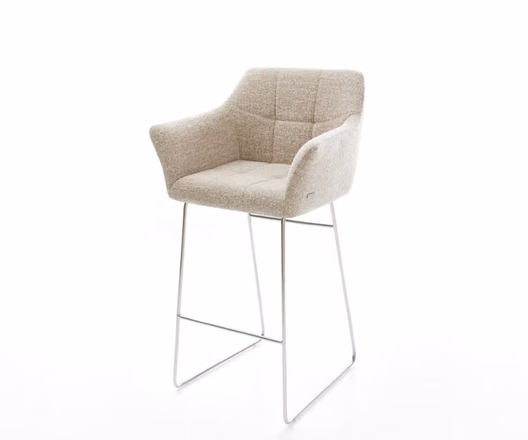 DELIFE Barstoel Yulo-Flex met Armleuningen, Beige Geweven Stof, Zilver Kleur Sledeonderstel