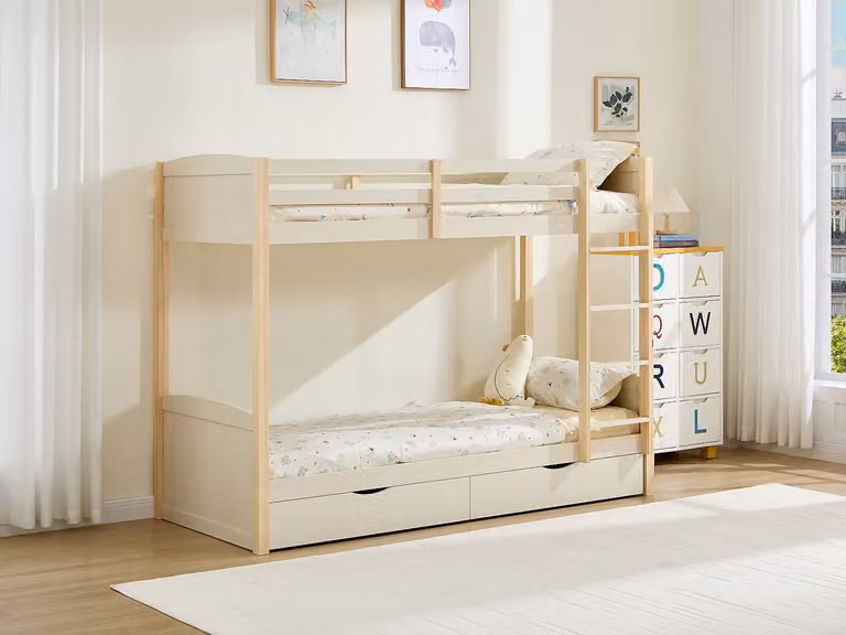 LIMODARA Stapelbed met 2 lades en matras, Grenen en MDF, Beige en naturel, B/D/H: 200 x 90 x 180 cm