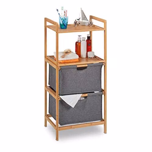 Relaxdays badkamerrek van bamboe met 2 stofmanden en planken, H x B x D: 96 x 44 x 34 cm, bruin/antraciet