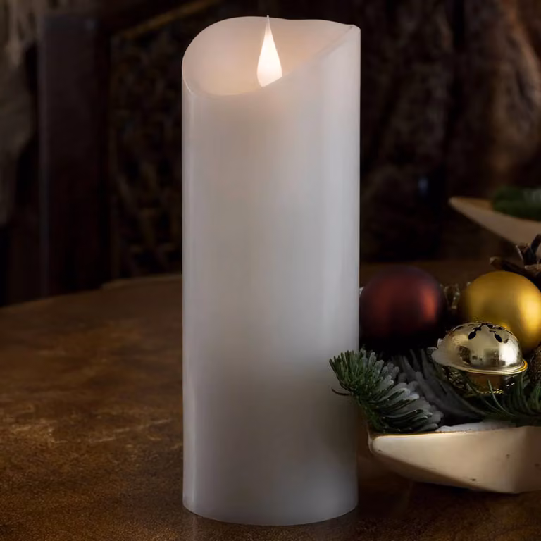 Konstsmide Christmas LED kaars met 3D-vlam, wit echtwachs, ronde tafellamp met timer en flikkerend effect