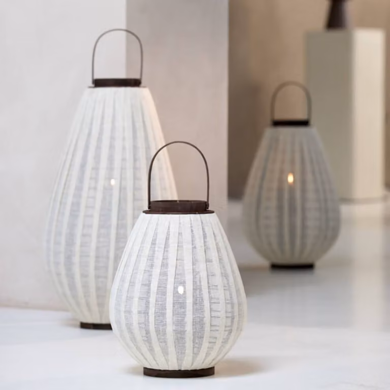Light en Living Windlicht Dazio Linen in beige, wit en donkerbruin hout, Diameter: 38 cm, Hoogte: 70 cm