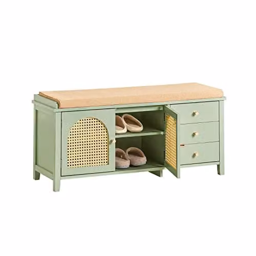 SoBuy Schoenbank met Gestoffeerd Kussen en Opbergruimte, Groen, B/D/H: 100 x 34 x 46 cm