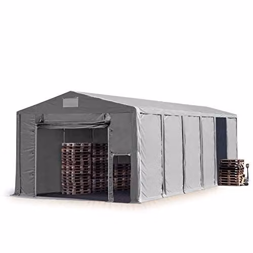 TOOLPORT Opslagtent 8x12 m industrietent in grijs PVC, 850 N waterdicht met 4m zijwandhoogte en ophijsbare deur