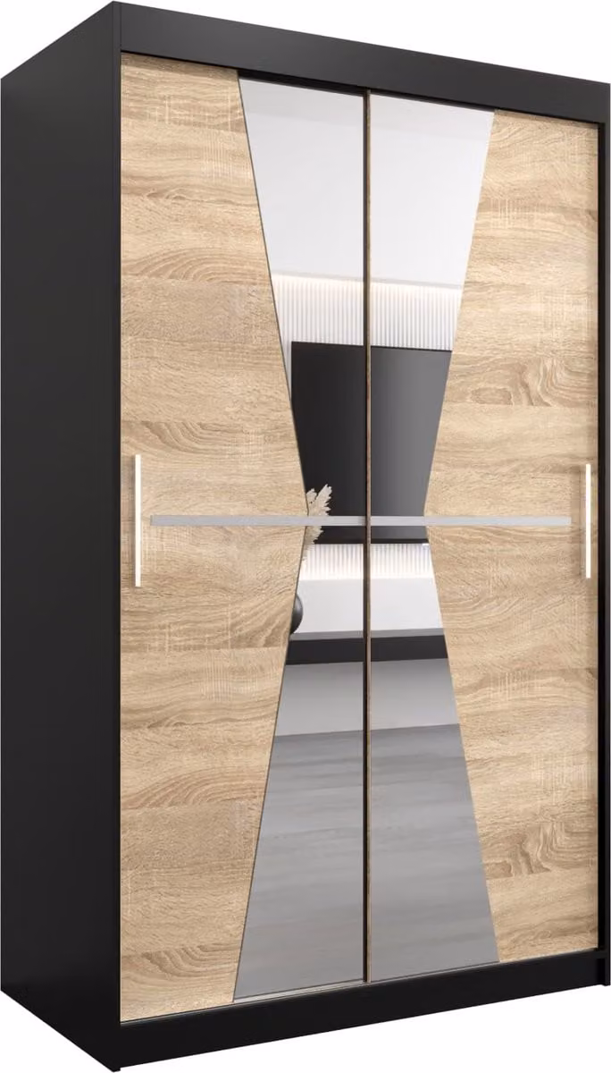 InspireMe TOTO 120 Kledingkast met 2 schuifdeuren, Spiegel en 2 lades, Zwart Mat en Sonoma Eik, B: 120 cm, H: 200 cm, D: 62 cm