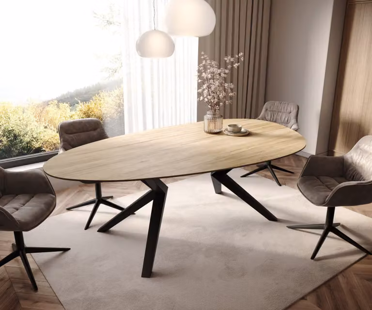 DELIFE Edge ovale eetkamertafel met keramisch blad in Sabbia eiken kleur en zwart metalen onderstel, B/D/H: 220 x 120 x 76 cm
