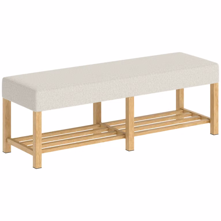 HOMCOM Schoenenbank van massief hout met gewatteerd zitgedeelte, moderne halbank voor twee personen, natuurlijk hout en crème wit, Breedte: 140 cm