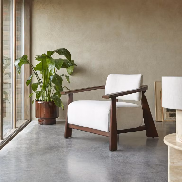 Tikamoon Lounge Fauteuil van Massief Hout en Linnen Stof - Bruin en Wit