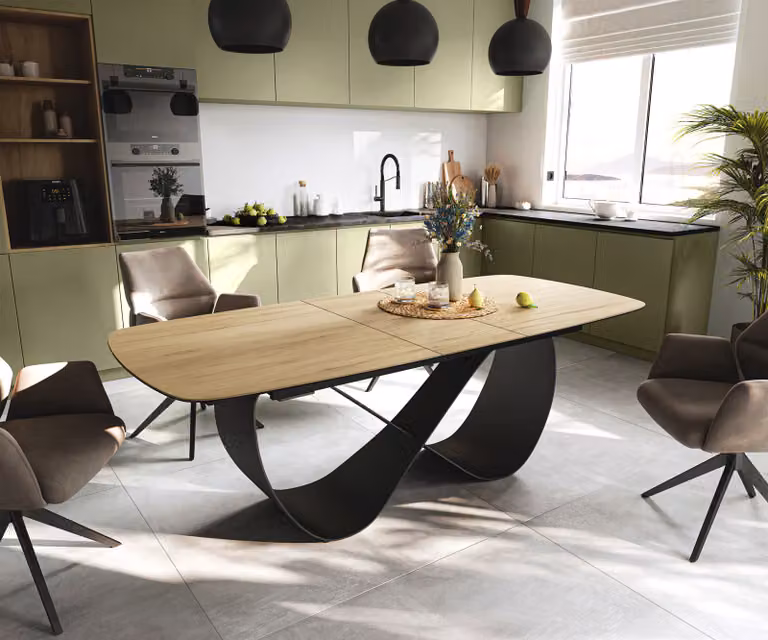 DELIFE Eettafel Edge Boot uitschuifbaar, Keramiek Laminam Sabbia Eichefarbig en Metaal Zwart, B/D: 180-220 x 100 cm