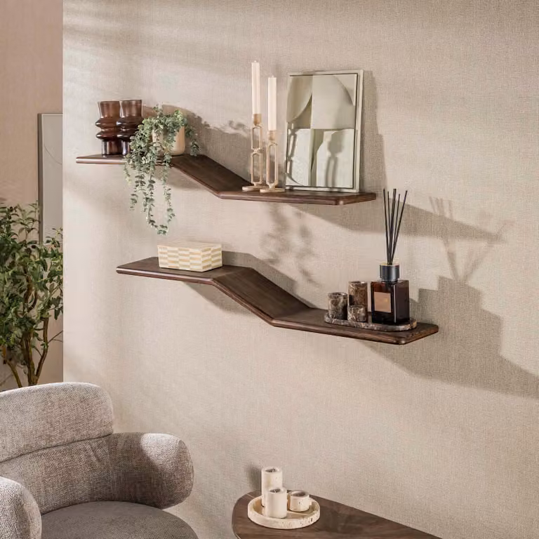 WoonStijl Wandplank Maya S-shape set van 2 Teak Espresso