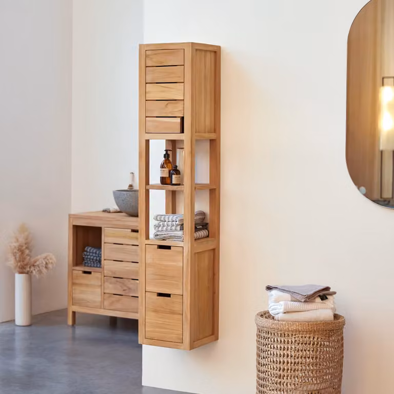 Tikamoon Serena Massief Teakhouten Kolomkast - Bruin - B: 30 cm, D: 30 cm, H: 150 cm