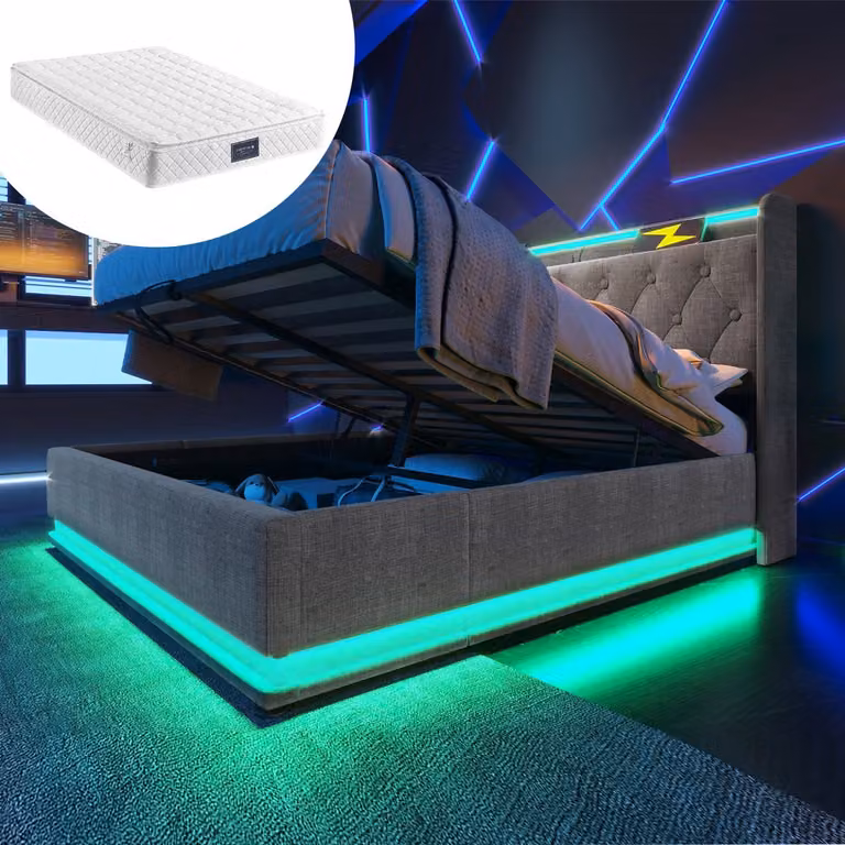 OKWISH Gestoffeerd Tweepersoonsbed met Hoofdeinde, USB-C en LED-Lichtband, Grijs Linnen, met Matras, B/D: 140 x 200 cm