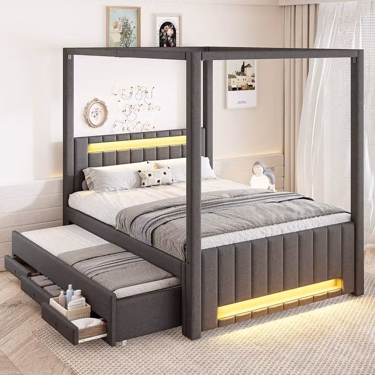 WUVRIE Hemelbed met uitschuifbed, 3 lades en LED-verlichting, grijs, B/D/H: 140 x 200 cm