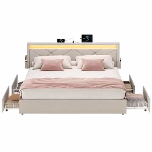 VASAGLE Tweepersoonsbed met metalen frame, 4 lades, LED-verlichting en USB-oplaadstation, B/D: 160 x 200 cm