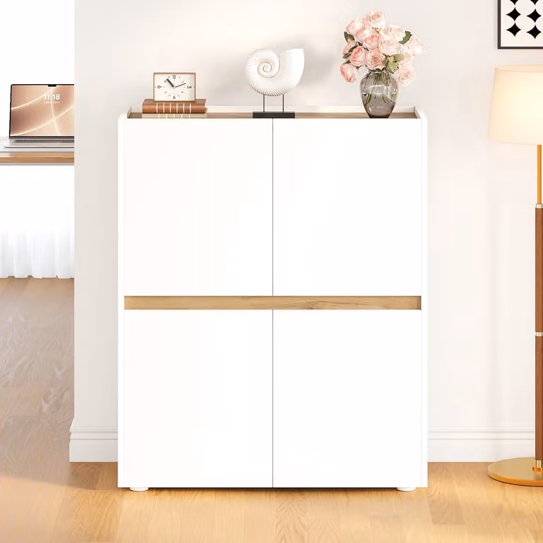 Hoge Opbergkast Archiefkast met 4 Deuren en 8 Vakken - Wit Eiken - B/D/H: 90 x 40 x 110 cm