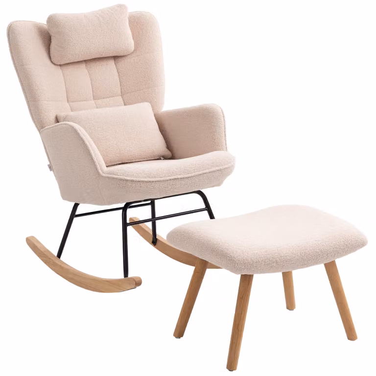 HOMCOM Schommelstoel met Voetenbank en Kussen, Teddy-fleece Relaxfauteuil met Hoge Rugleuning en Houten Poten, Beige, B/D/H: 70,5 x 101,5 x 99,5 cm