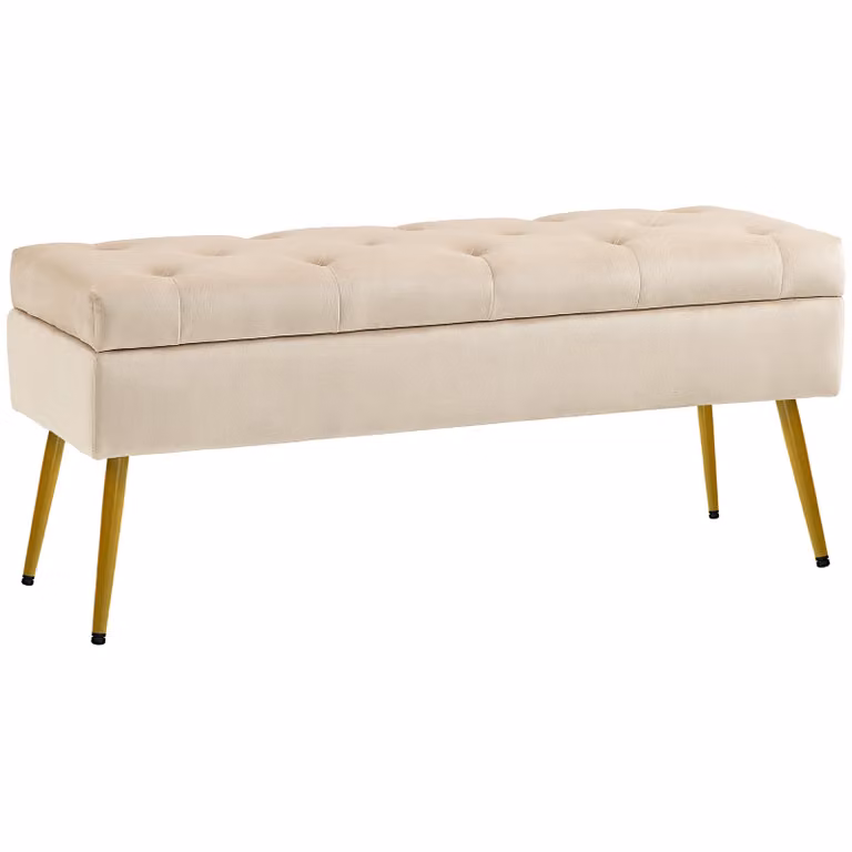 HOMCOM multifunctionele opbergbank in beige fluweel met metalen frame, B/D/H: 102 x 35 x 43 cm