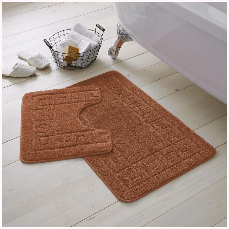 Badkamer Set met Badmat en WC Mat in Terracotta, Antislip en Machinewasbaar, B: 50 cm, D: 80 cm en B: 50 cm, D: 40 cm