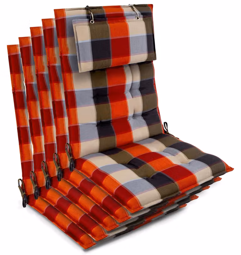Beautissu 5-delige set zittingkussens Sun-HL met hoge rugleuning, oranje-beige geruit, B/D/H: 120 x 50 x 8 cm