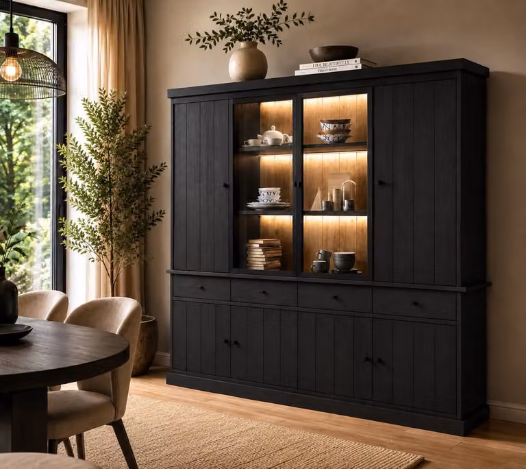 Belfurn Vitrinekast Balencia met 2 glasdeuren en LED-verlichting - Zwart