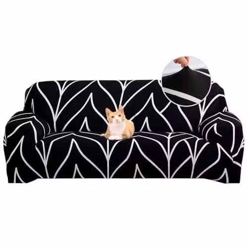 Jaotto Bankhoes voor 3-persoons bank, elastisch stretch spandex met antislip en armleuningen, zwarte lijn