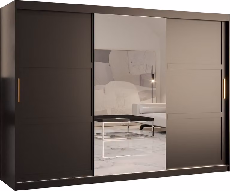 Rumble II Zweefdeurkast met spiegel en 3 schuifdeuren, Zwart, B: 250 cm, H: 200 cm, D: 60 cm