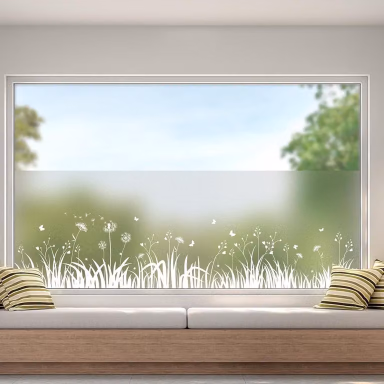 Raamfolie Privacy Gras & Paardenbloem - Statische Raamdecoratie om Inkijk te Blokkeren - Lijmvrij en Herbruikbaar - Breedte: 44,5 cm, Lengte: 200 cm