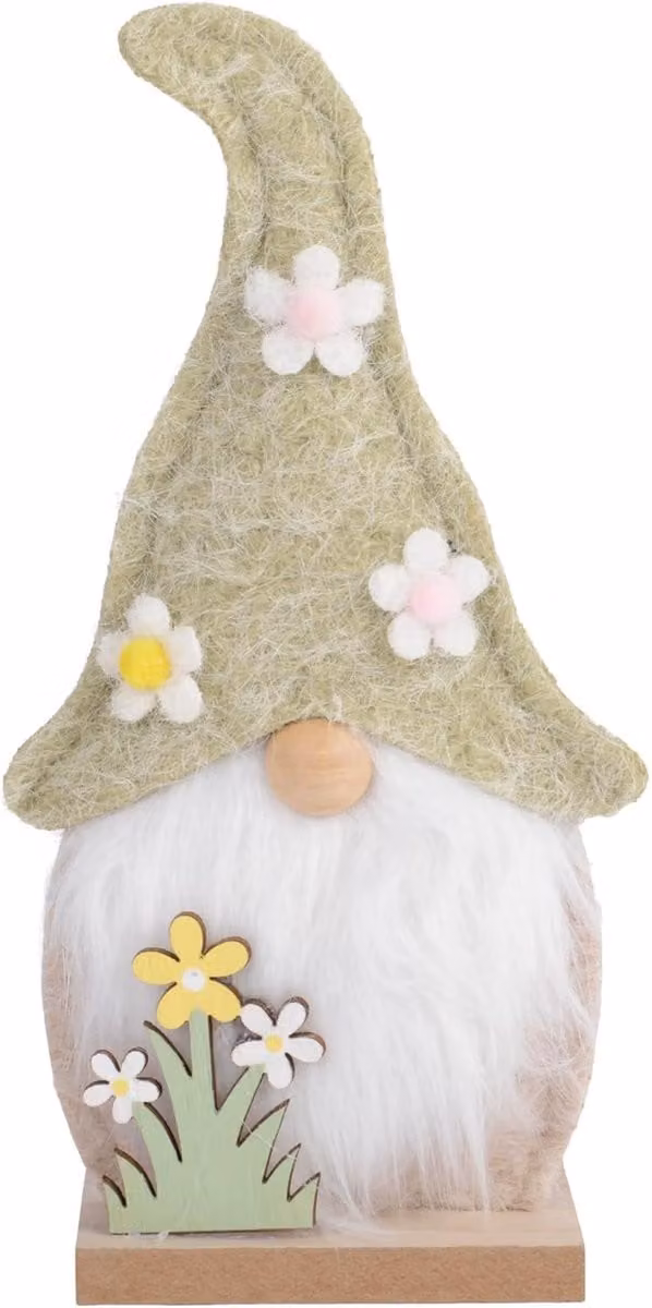 Kabouter Decoratiefiguur met Bloemenhoed - Groen Wit - Hoogte: 20 cm